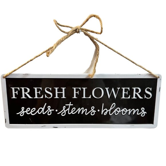 Farmhouse Flower Hanging Sign 11 Inch Metal Enamel Floral Rustic Decor Black - Picture 7 of 8